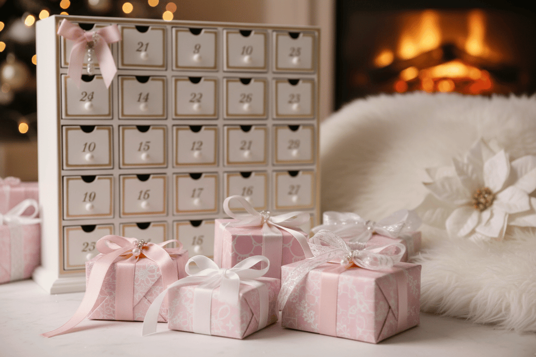 Adventskalender mit kleinen Schubladen und rosa-weiß verpackten Geschenken mit Schleifen, dekoriert vor einem Kamin und weihnachtlicher Kulisse.