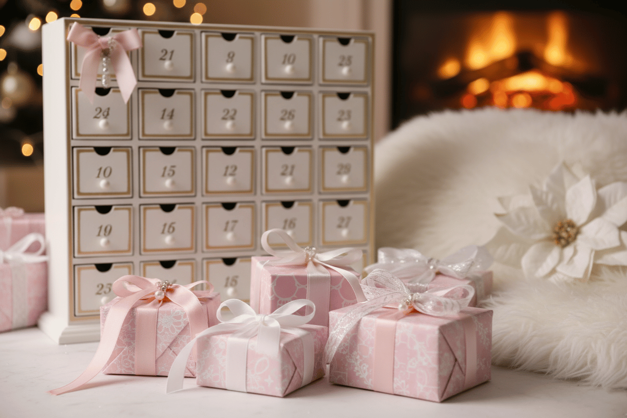 Adventskalender mit kleinen Schubladen und rosa-weiß verpackten Geschenken mit Schleifen, dekoriert vor einem Kamin und weihnachtlicher Kulisse.