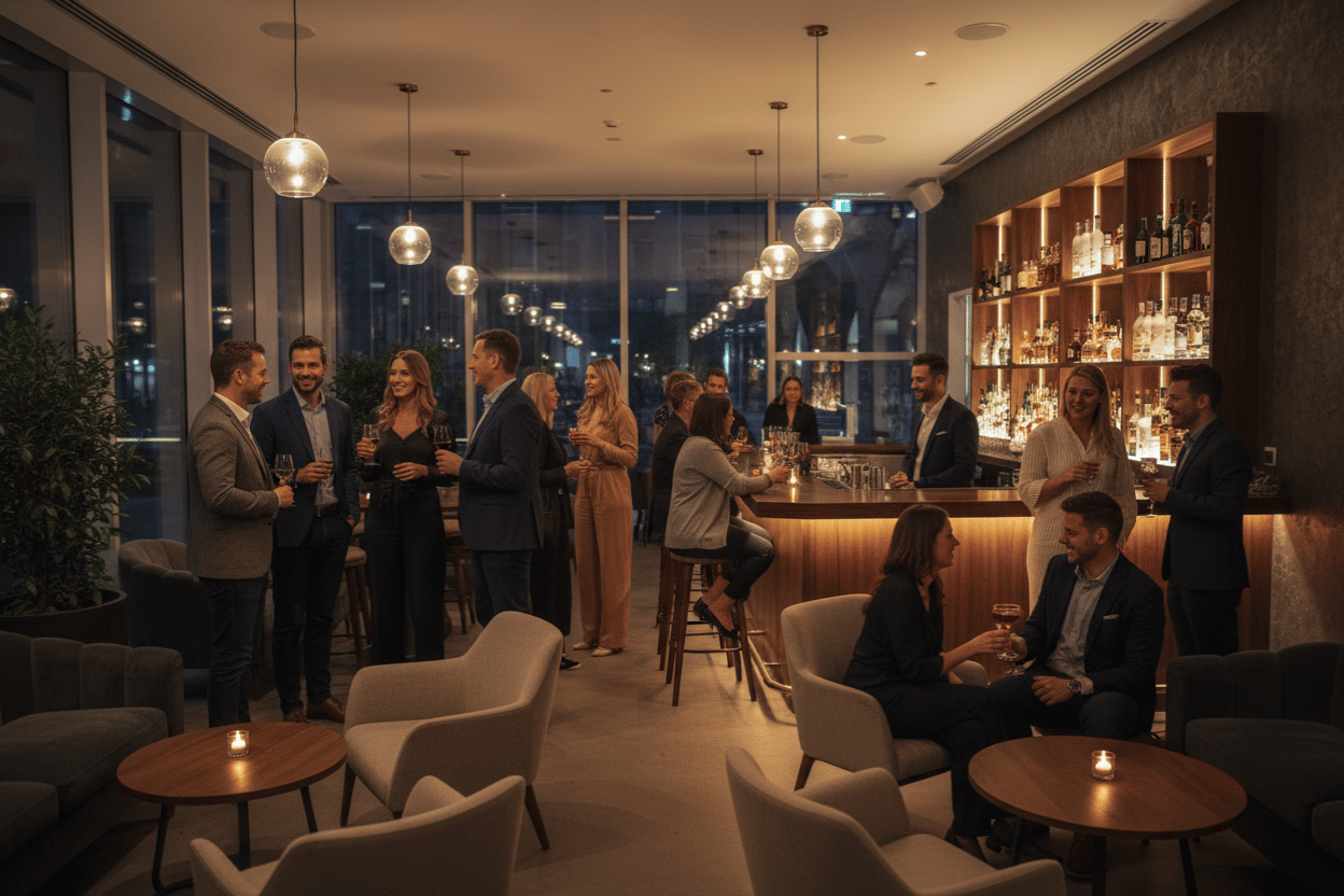 Menschen treffen sich in einer Bar, der Dresscode ist smart casual