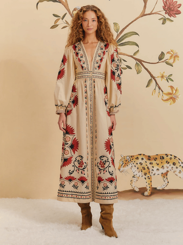 cream cashew mandala maxi dress Farm Rio Off-White Cashews And Birds Maxi Dress - Cashews And Birds Winter White - 40% Off