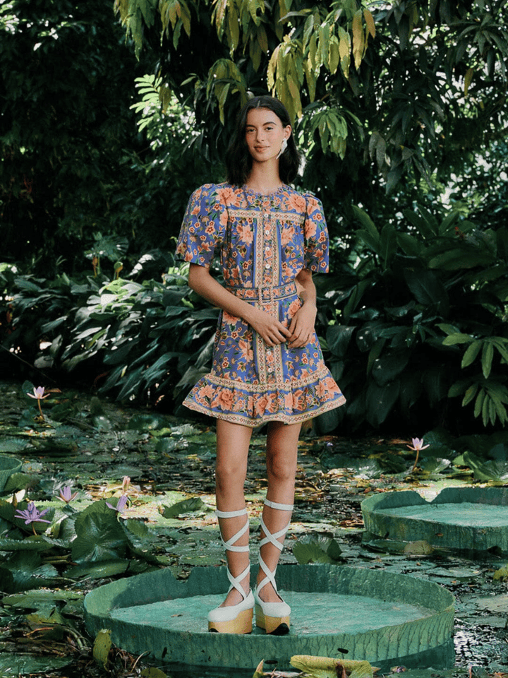 blue superbloom tapestry organic cotton mini dress Meet your new favorite statement dress Shop the Embroidered Tapestry Blue Mini Dress//$280 Available in store & online. #shophemline #hemlinelafayette #shopping #explore #farmrio