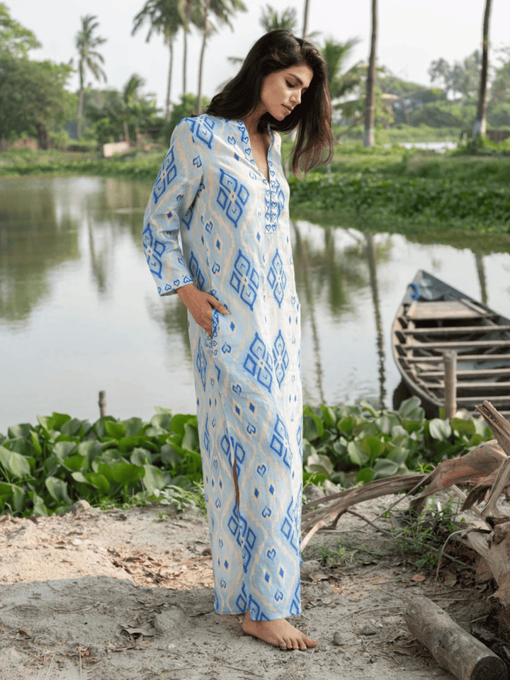 Sapphire Long Kaftan Ikat Blue