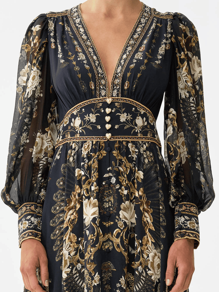 Shaped Waistband Dress with Gathered Sleeves