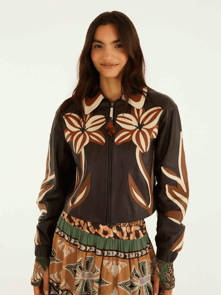 FLOWER CUTWORK BROWN LEATHER JACKET