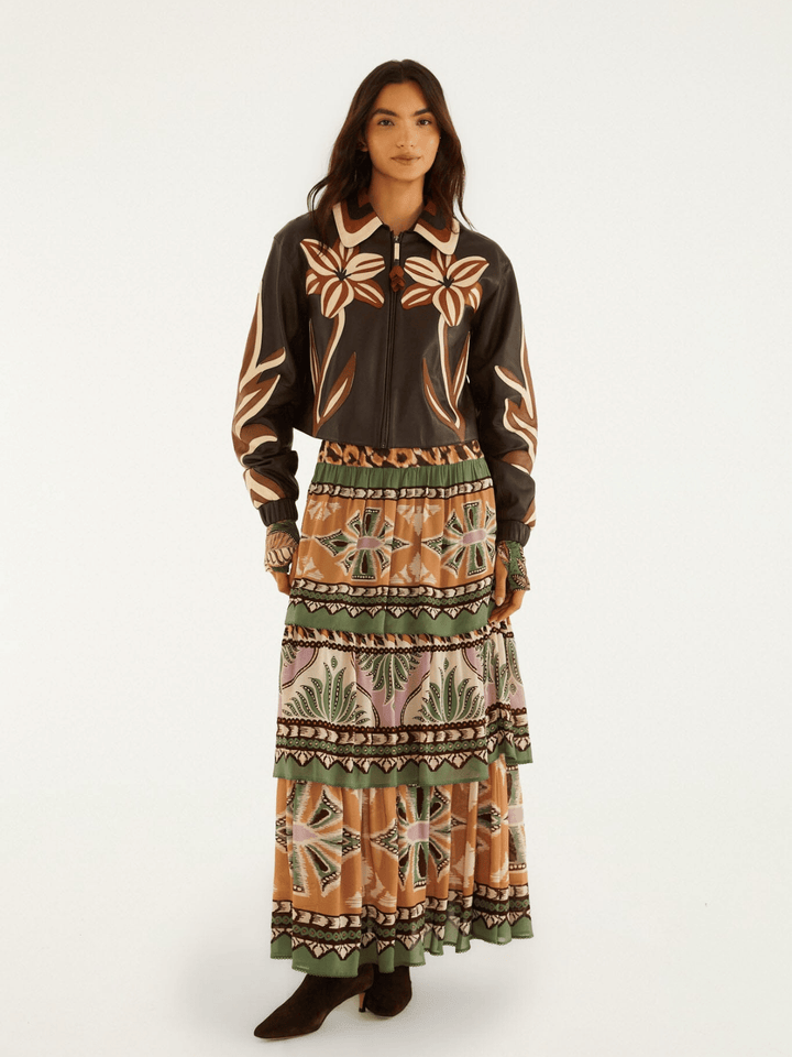 FLOWER CUTWORK BROWN LEATHER JACKET