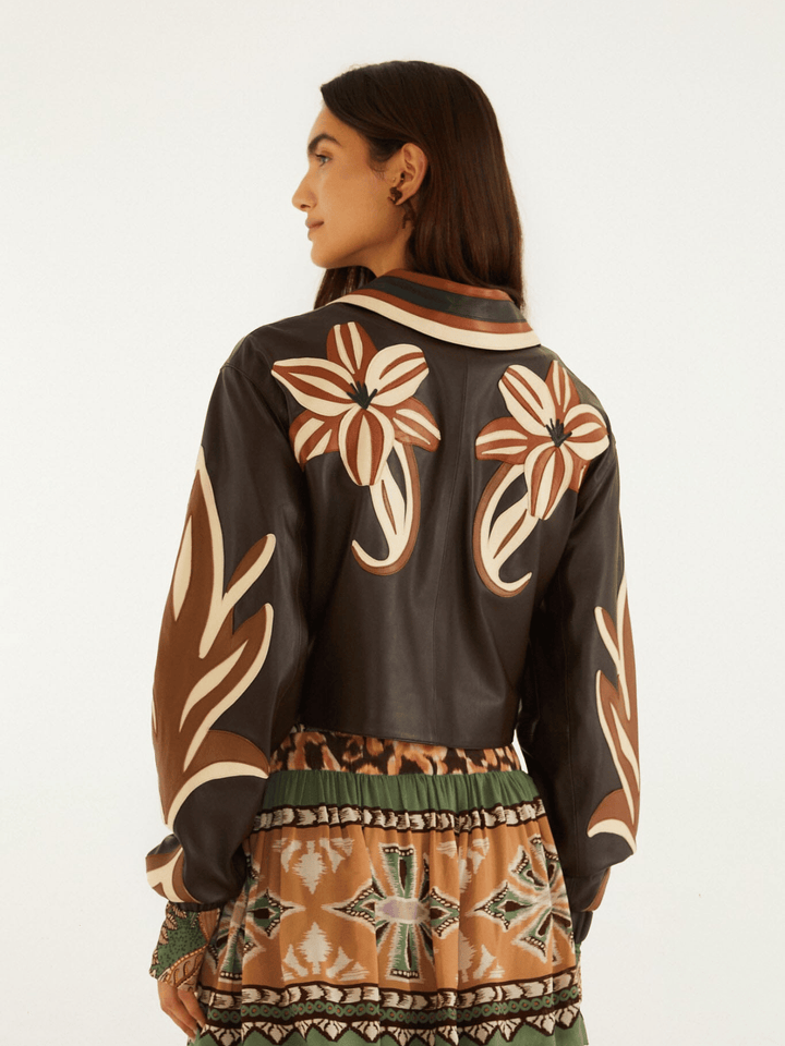 FLOWER CUTWORK BROWN LEATHER JACKET