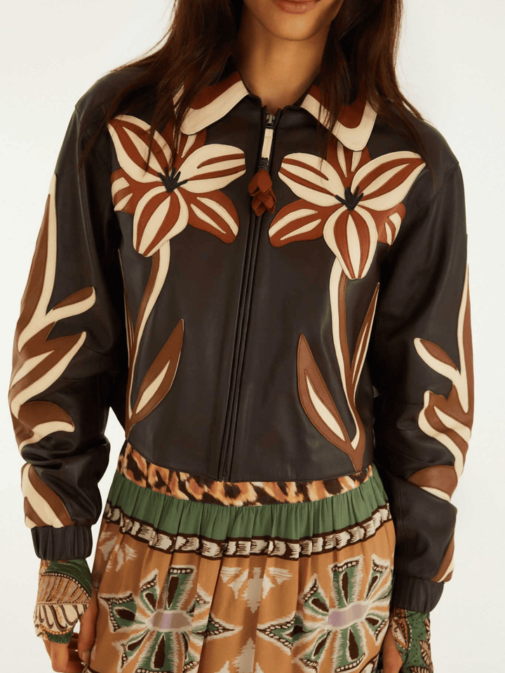 FLOWER CUTWORK BROWN LEATHER JACKET