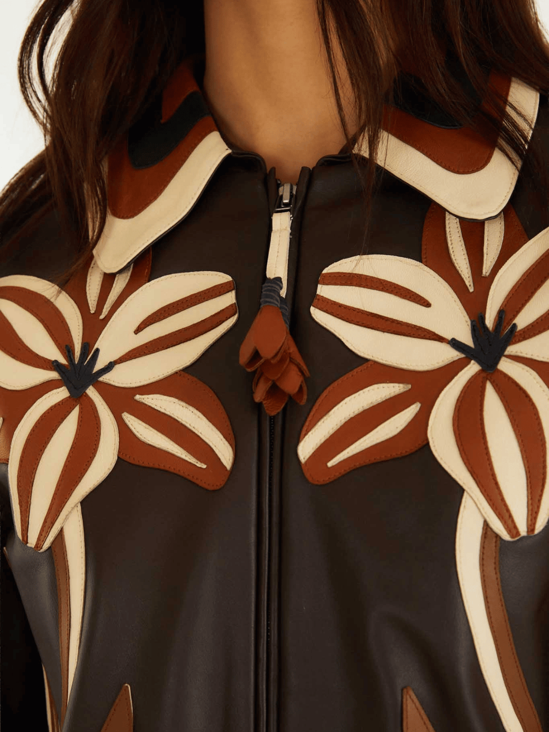 FLOWER CUTWORK BROWN LEATHER JACKET