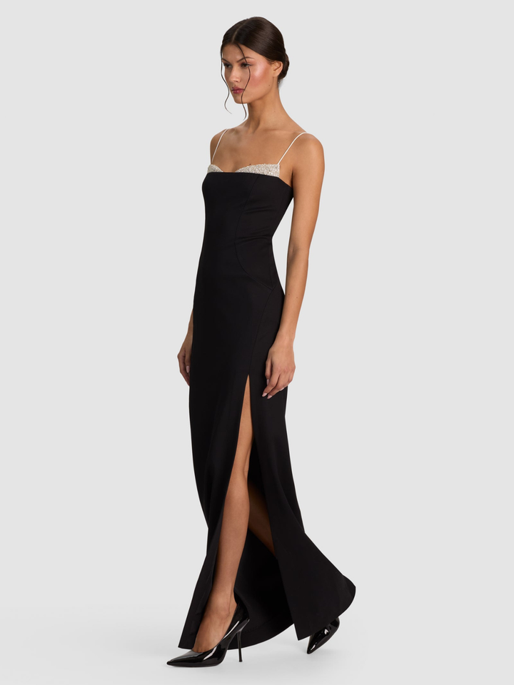 HALLIE EMBELL PEEKABOO HI SLIT MAXI DRESS