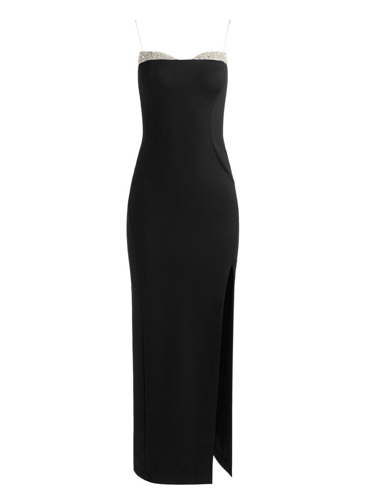 HALLIE EMBELL PEEKABOO HI SLIT MAXI DRESS