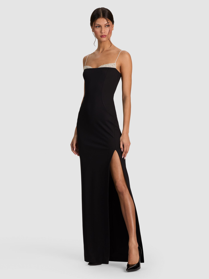 HALLIE EMBELL PEEKABOO HI SLIT MAXI DRESS