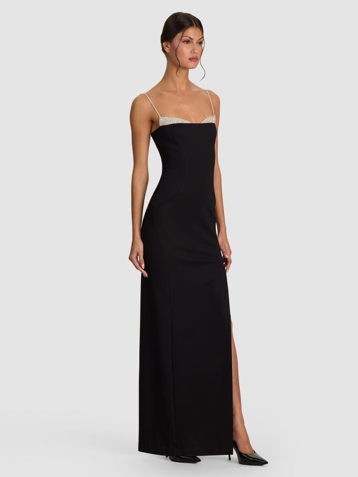HALLIE EMBELL PEEKABOO HI SLIT MAXI DRESS