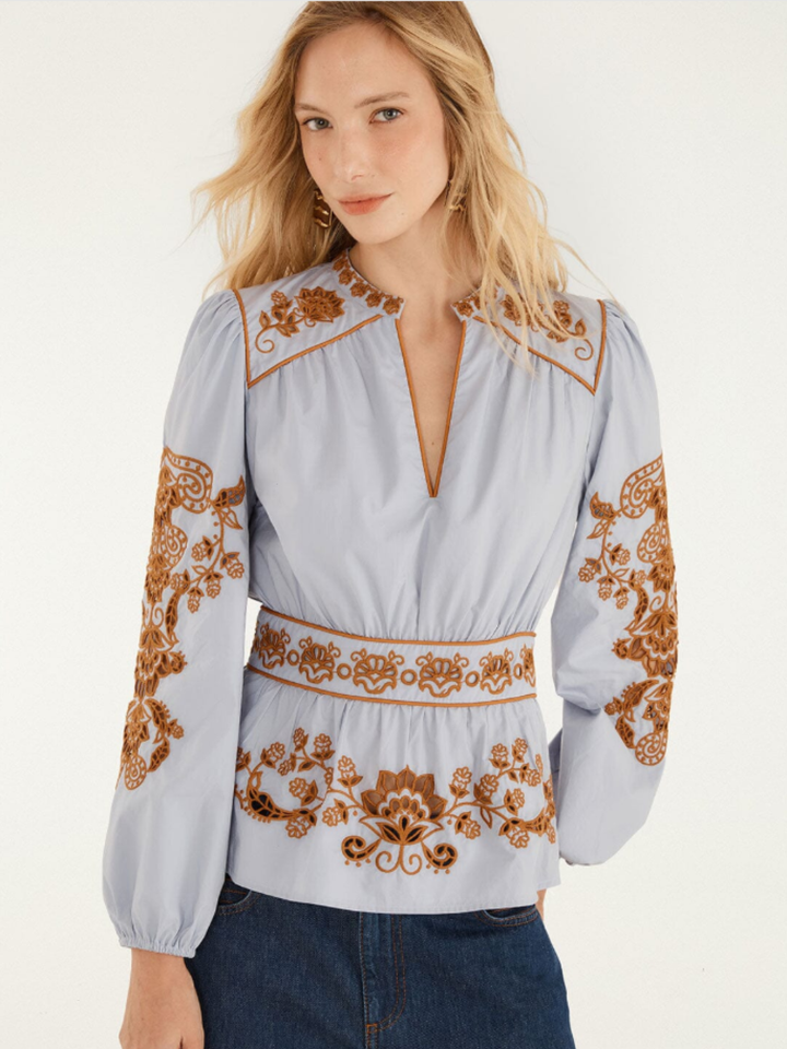 FLOWER RICHELIEU LIGHT BLUE LONG SLEEVE BLOUSE