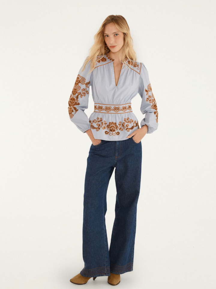 FLOWER RICHELIEU LIGHT BLUE LONG SLEEVE BLOUSE