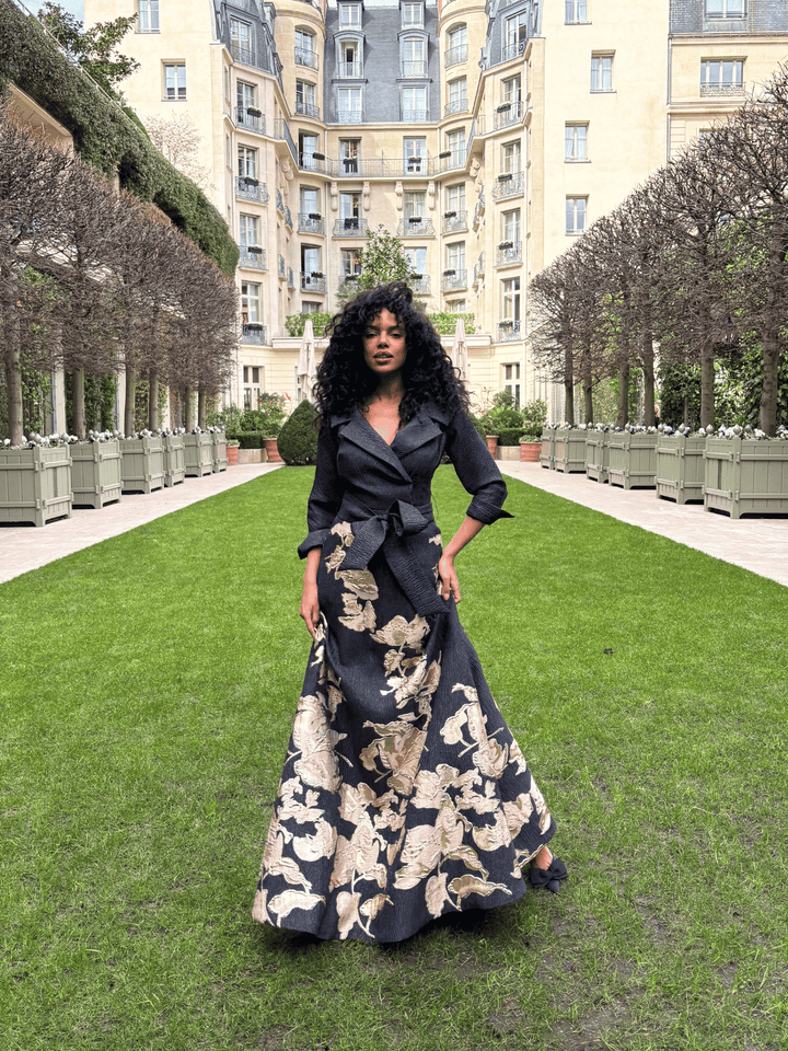 Metallic Floral Abendkleid