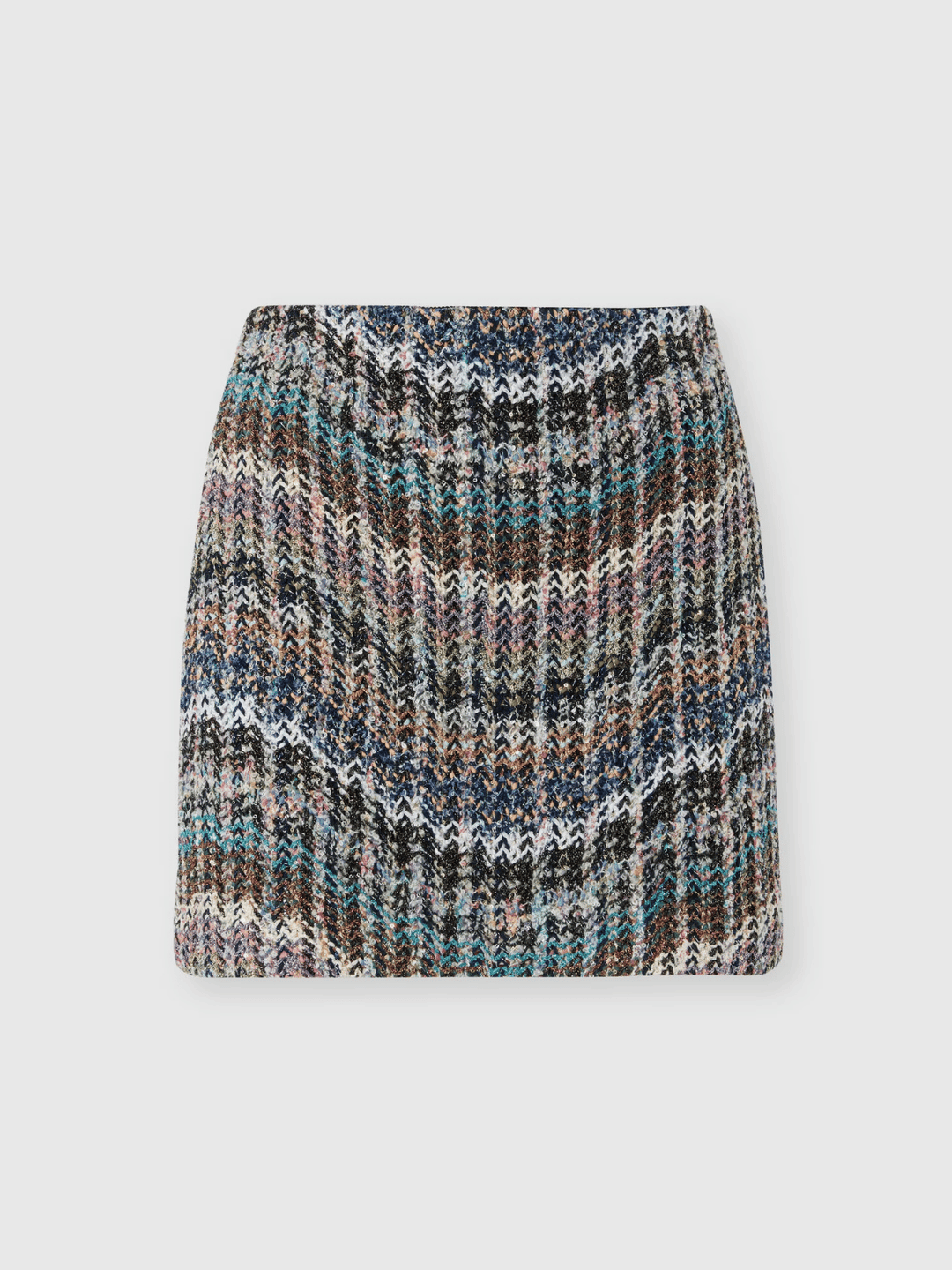 Mehrfarbiger Missoni Minirock aus Woll-Lamé mit Pailletten in der Vorderansicht am Model